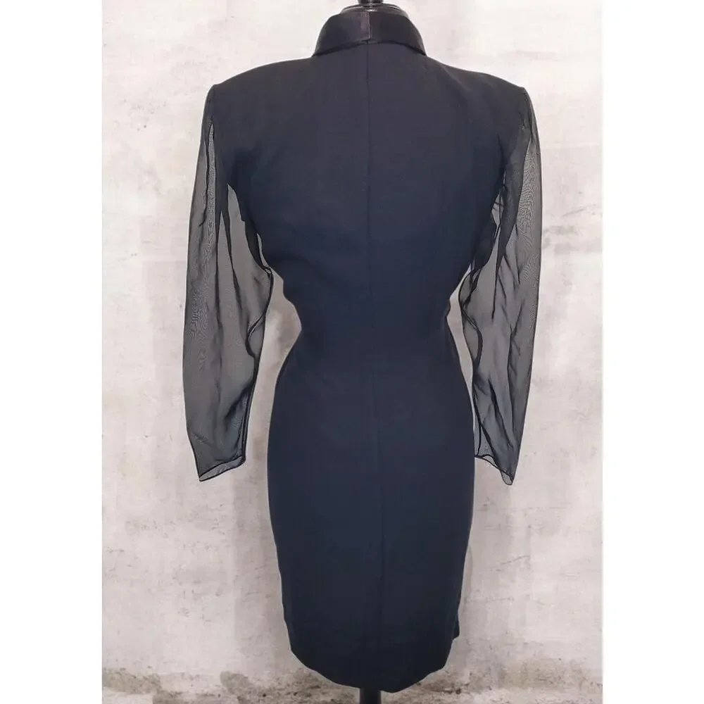 VTG J.R. Nites Wrap Dress USA Black Satin Sheer Sleeve Formal 80s 90s